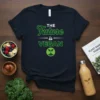 THE Future is VEGAN text design with a green sprout logo on a navy t-shirt