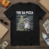 The Ga Pizza T-Shirt featuring a cartoon raccoon holding pizza near a trash can