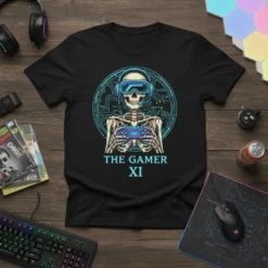 The Gamer XI t-shirt with a skeleton wearing VR goggles and holding a controller, set against a circuit board background