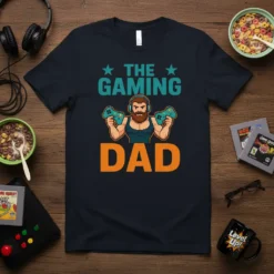 The Gaming Dad t-shirt design featuring pixelated dad holding controllers and retro game text