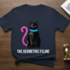 The Geometric Feline t-shirt featuring a black geometric cat with a pink tail and blue collar