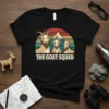 The Goat Squad text with cartoon goats in a retro sunset design on a black t-shirt