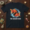 The Golden Duo t-shirt design featuring two goldfish swimming in a circle of blue waves