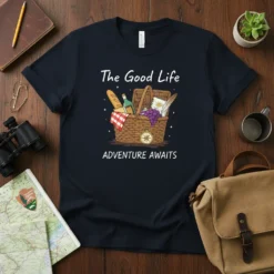 The Good Life ADVENTURE AWAITS text with a picnic basket graphic on a navy t-shirt