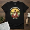 The Good Shepherd Psalm 23:1 t-shirt design with Jesus holding a lamb and sheep in a pastoral scene