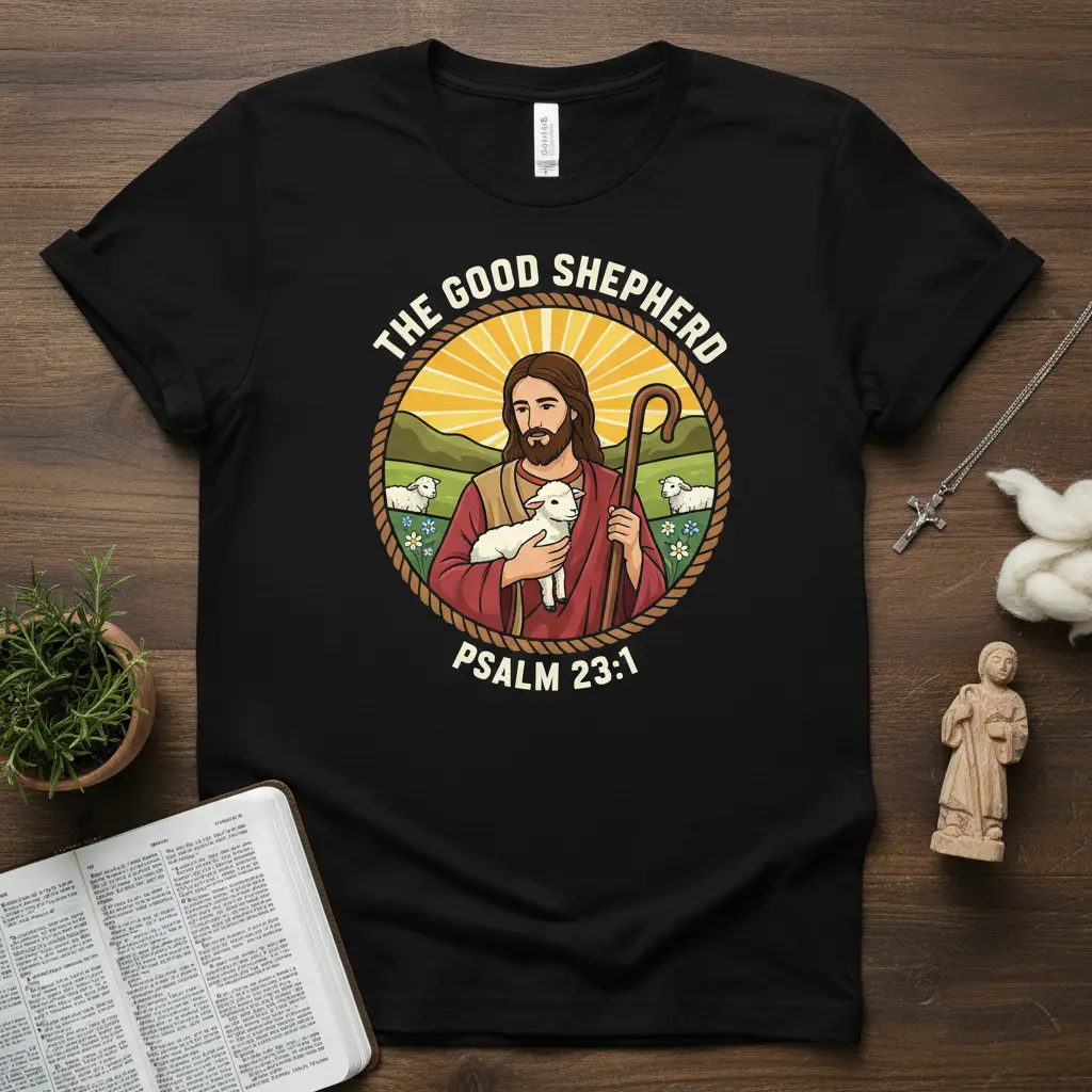 The Good Shepherd Psalm 23:1 design featuring Jesus with a lamb and pastoral imagery for Christian apparel