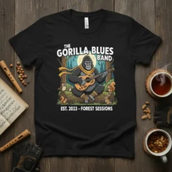 The Gorilla Blues Band Est. 2023 Forest Sessions t-shirt design featuring a gorilla playing guitar in a forest scene