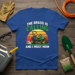 T-shirt with white text "THE GRASS IS CALLING AND I MUST MOW" and a graphic of a riding lawn mower