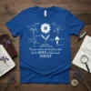 Blue t-shirt with white botanical diagrams of flowers and the quote "The grass withers and the flowers fade, but the