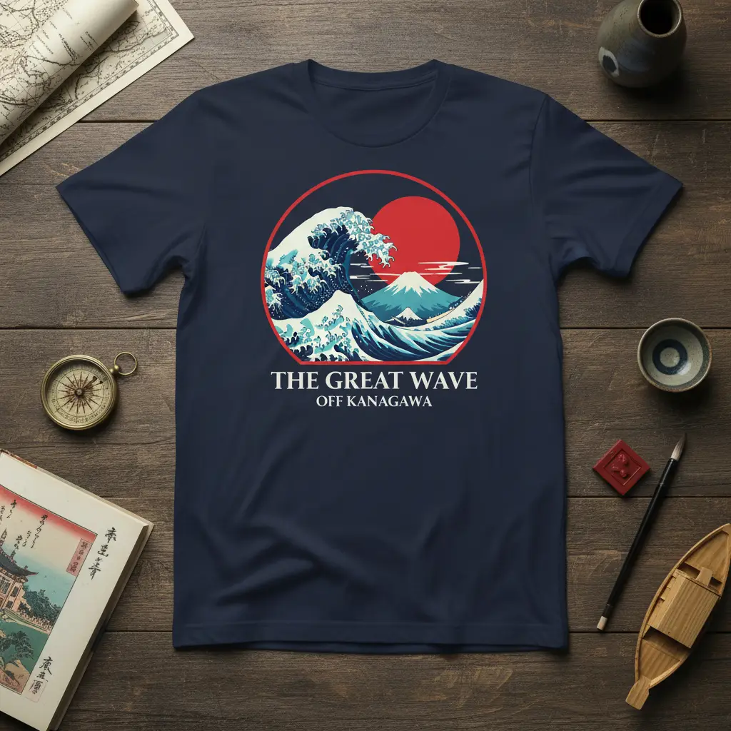 The Great Wave Off Kanagawa graphic tee showcasing the famous Japanese woodblock print with Mount Fuji and ocean waves