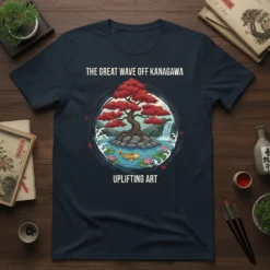 The Great Wave Off Kanagawa Uplifting Art T-Shirt design with a red-leafed bonsai tree, koi fish, and waterfall