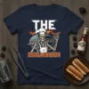 The Grillminator skeleton chef t-shirt design with a grill and flames, perfect for grilling enthusiasts