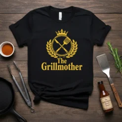 The Grillmother t-shirt design with golden crown, laurel wreath, crossed spatula and knife, and text "The Grillmother"