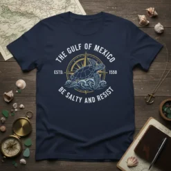 Navy blue t-shirt featuring a circular design with "The Gulf of Mexico" and "Be Salty and Resist" text, a sea