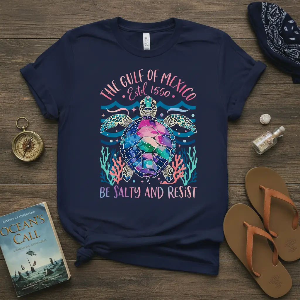 The Gulf of Mexico Estd 1550 Be Salty and Resist quote with sea turtle graphic on a navy t-shirt
