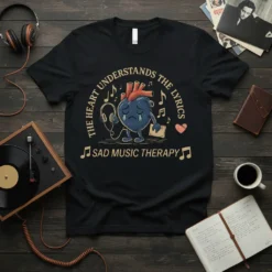 Sad Music Therapy t-shirt with the text "The Heart Understands The Lyrics" and a crying heart graphic wearing headphones