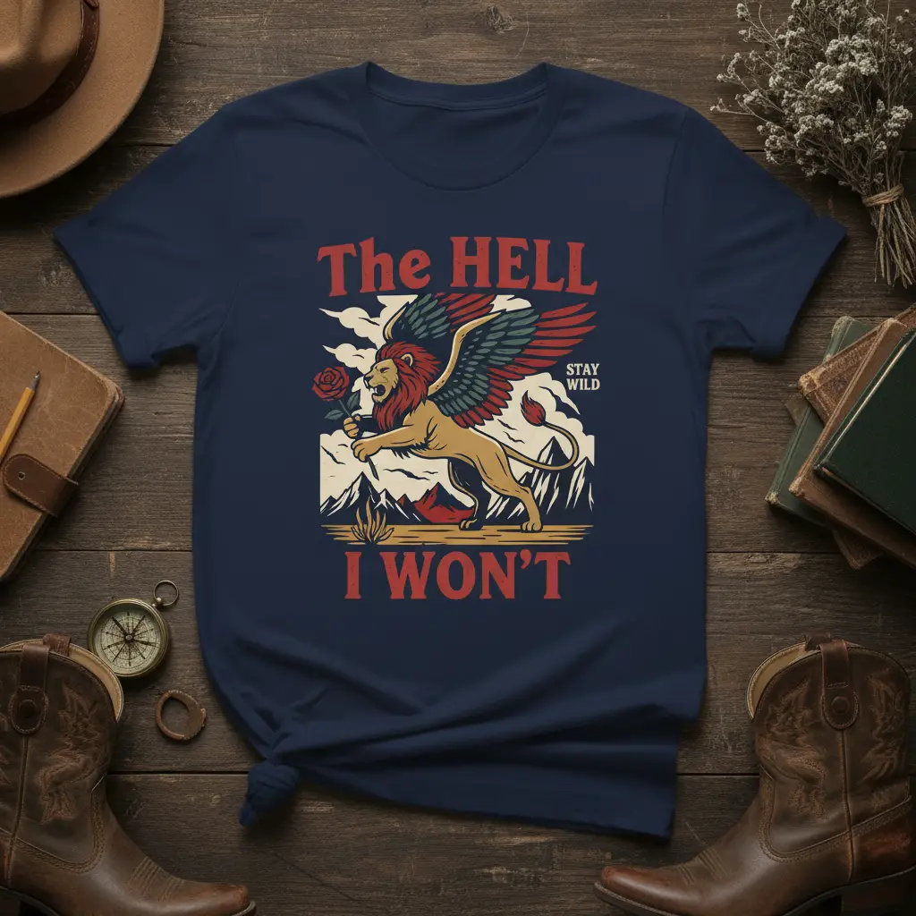 The Hell I Won't Stay Wild quote t-shirt featuring a winged lion, rose, and mountain landscape graphic