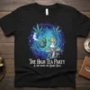 The High Tea Party A TRIP DOWN THE RABBIT HOLE t-shirt design featuring Alice, caterpillar, mushrooms, and cannabis leaves in