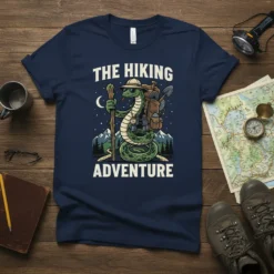 The Hiking Adventure t-shirt design with a cartoon snake hiker, mountains, and stars