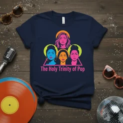 The Holy Trinity of Pop t-shirt design featuring three stylized female pop icons in vibrant colors