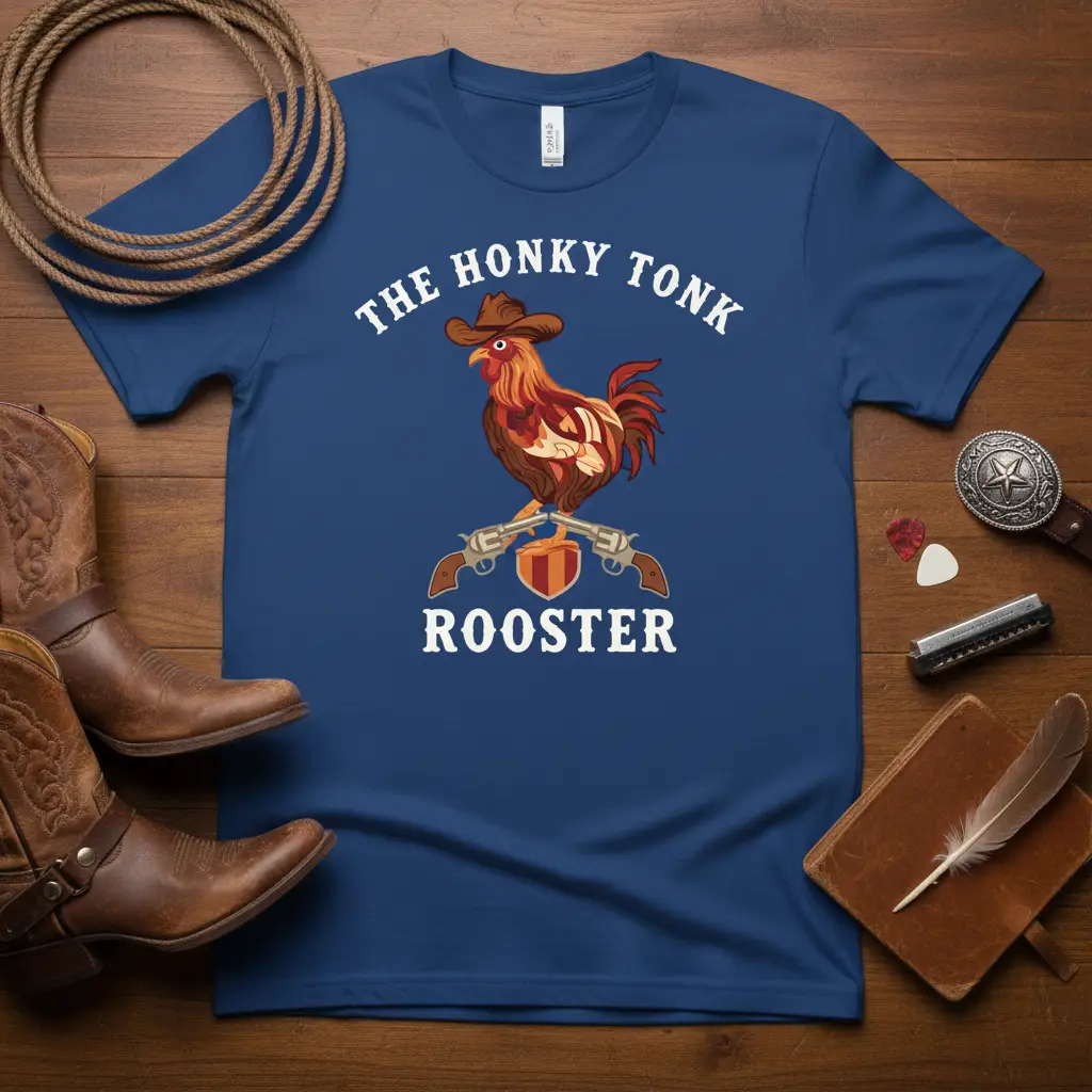 The Honky Tonk Rooster cowboy rooster graphic tee with country music text and crossed guns