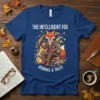 The Intelligent Fox Journal & Tales t-shirt design featuring a well-dressed fox sitting on books holding a quill