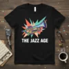 Black t-shirt with colorful trumpet graphic and text "THE JAZZ AGE"