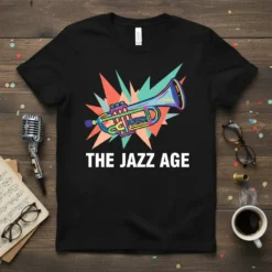 Black t-shirt with colorful trumpet graphic and text "THE JAZZ AGE"