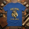 The King Of The Jungle T-Shirt with a golden crowned lion graphic and bold text