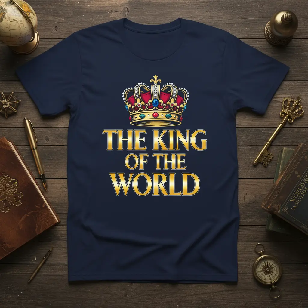 The King of the World quote with a detailed golden crown graphic on a regal t-shirt