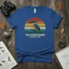 The Kingfisher Nature's Jewel t-shirt design featuring a kingfisher perched on a branch with a retro sunset background