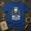 The Kraken t-shirt design with a skull, tentacles, pirate ship, and waves