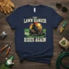 The Lawn Ranger Rides Again text with a man riding a lawnmower graphic, vintage sunset style