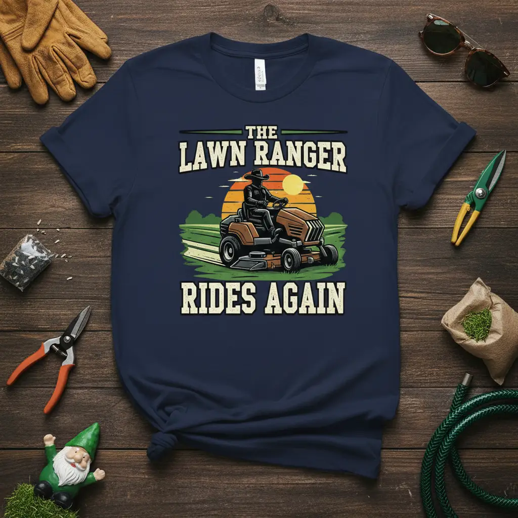 The Lawn Ranger Rides Again humorous quote design featuring a man on a lawnmower at sunset