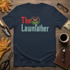 The Lawnfather t-shirt design with "The" in red and "Lawnfather" in distressed blue, featuring a laurel wreath with crossed gardening