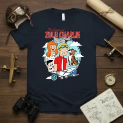 The Legend of Zulu Charlie T-Shirt featuring cartoon characters, airplanes, and retro aviation design