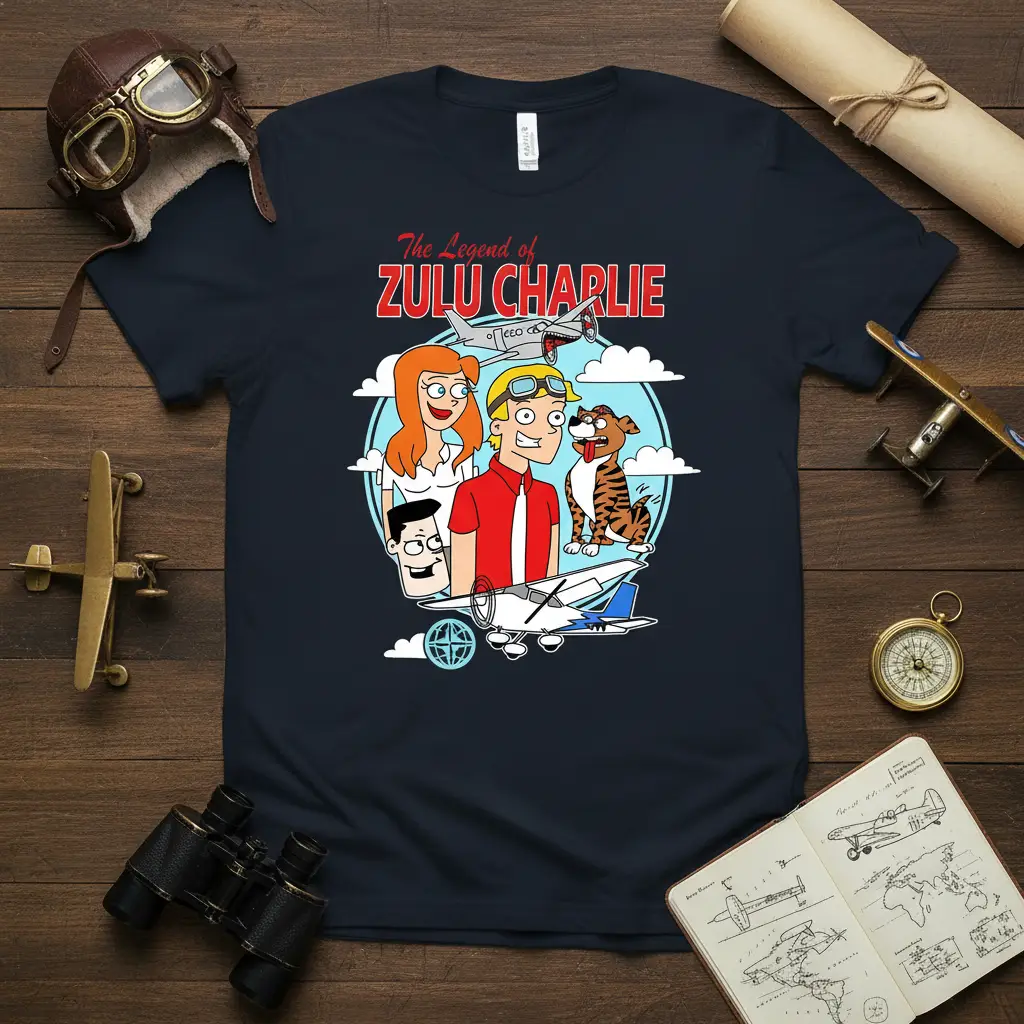 The Legend of Zulu Charlie cartoon aviation design with characters and airplanes on a t-shirt