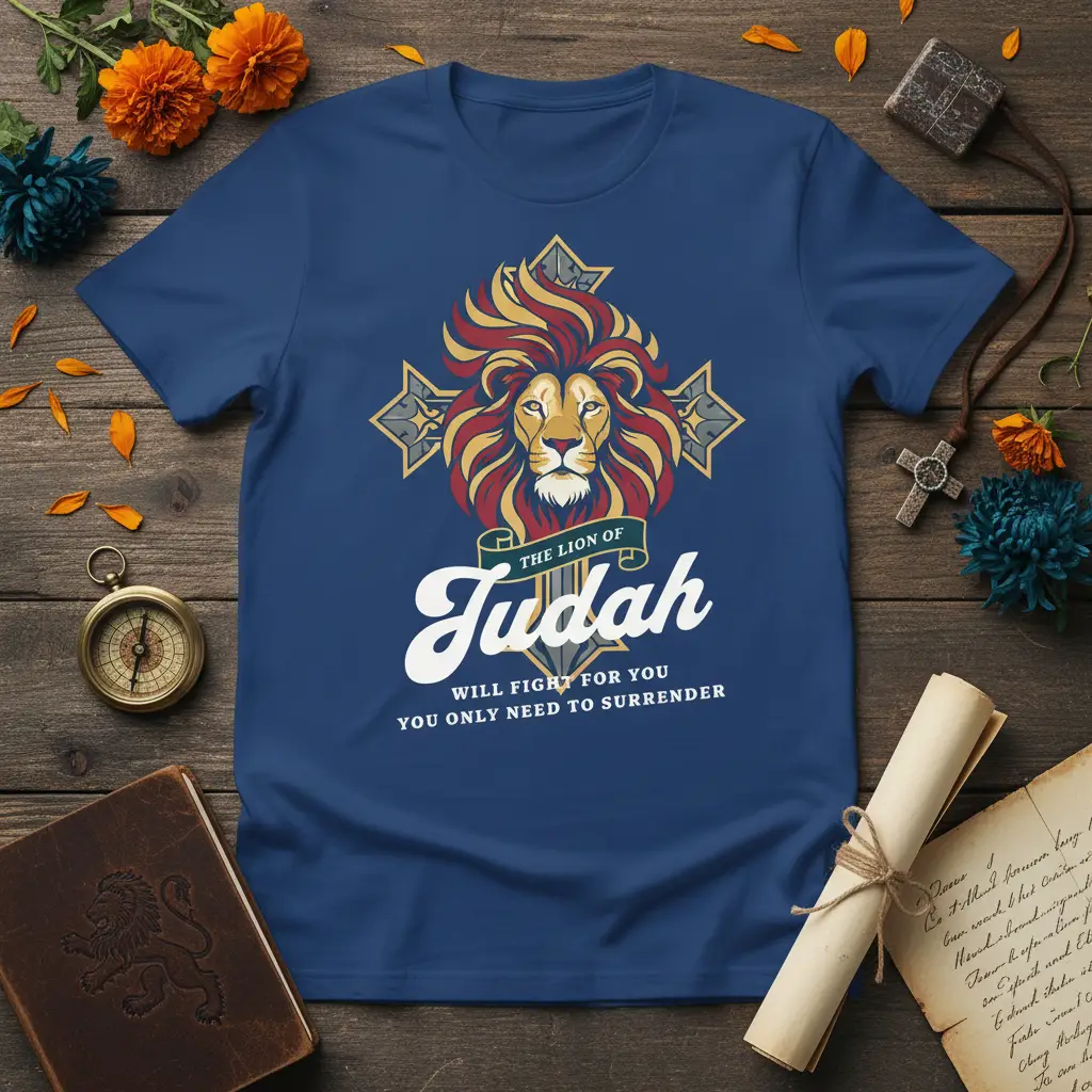 The Lion of Judah will fight for you you only need to surrender quote and lion graphic on a dark blue tee