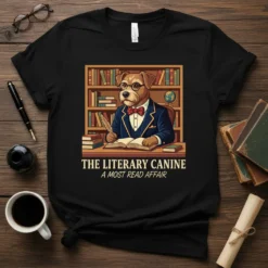 The Literary Canine A Most Read Affair t-shirt design featuring a dog in a suit reading a book in a