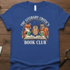 The Literary Critic's Book Club t-shirt design featuring a fox, owl, and squirrel reading books