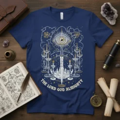 The Lord God Almighty quote with eye and sword design on navy t-shirt, spiritual apparel