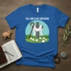 Christian t-shirt with "The Lord Is My Shepherd" text, featuring a cross, shepherd's crook, and sheep graphic