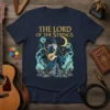 The Lord of the Strings t-shirt design featuring a wizard playing a bass guitar with musical notes and crystals