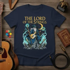 The Lord of the Strings t-shirt design featuring a wizard playing a bass guitar with musical notes and crystals