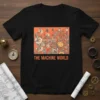 The Machine World t-shirt design with intricate steampunk machinery and gears, orange background