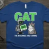 Blue t-shirt featuring "The Machines Are Coming Cat Dog AI Robot" graphic with a robot and cat