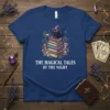 The Magical Tales Of The Night text with a witchy black cat sitting on books, surrounded by mushrooms and stars