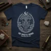The Magical Woods Where Dreams Take Flight quote on a navy blue t-shirt with a mystical tree, crystals, and mushrooms