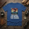 The Man. The Beard. The Legend. quote t-shirt featuring a lumberjack graphic and retro sunset background