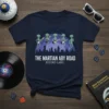 The Martian Aby Road Record Label t-shirt design featuring four green aliens playing guitars in front of a cityscape and